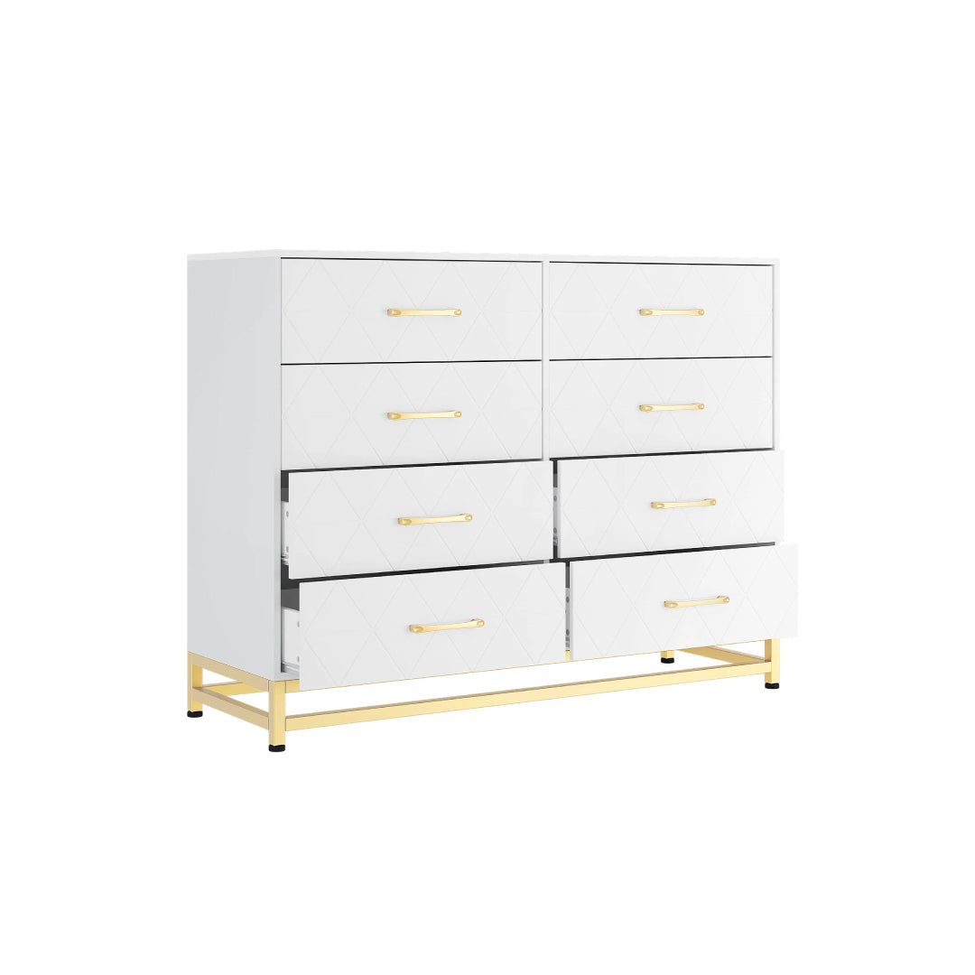 White 8-drawer dresser with gold handles and metal base, modern bedroom storage cabinet with geometric front design and partially open drawers